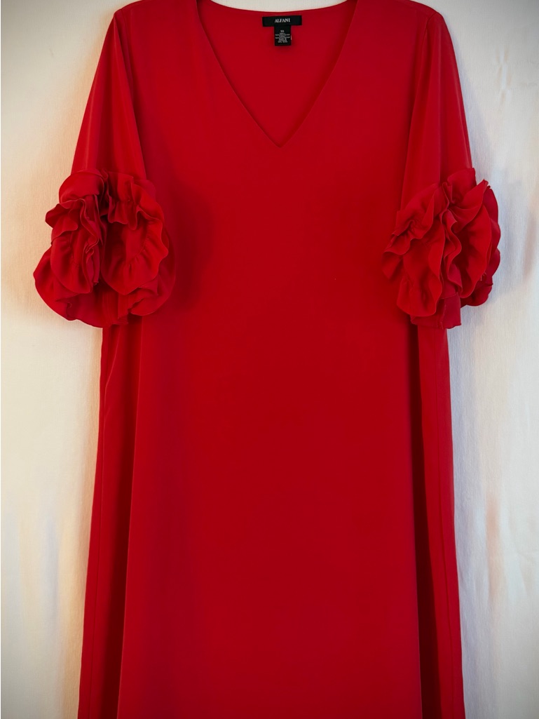 Alfani Red V-Neck Dress With Ruffled Floral Puff Sleeves